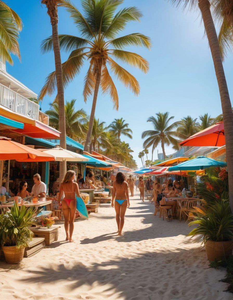 A vibrant beach scene featuring a diverse group of stylish individuals showcasing trendy swimwear, transitioning seamlessly to a lively boardwalk filled with colorful shops and beachgoers. Include sunny skies, palm trees, and surfboards to enhance the summer vibe, with a focus on fashionable swimwear designs. super-realistic. vibrant colors. sunny atmosphere.